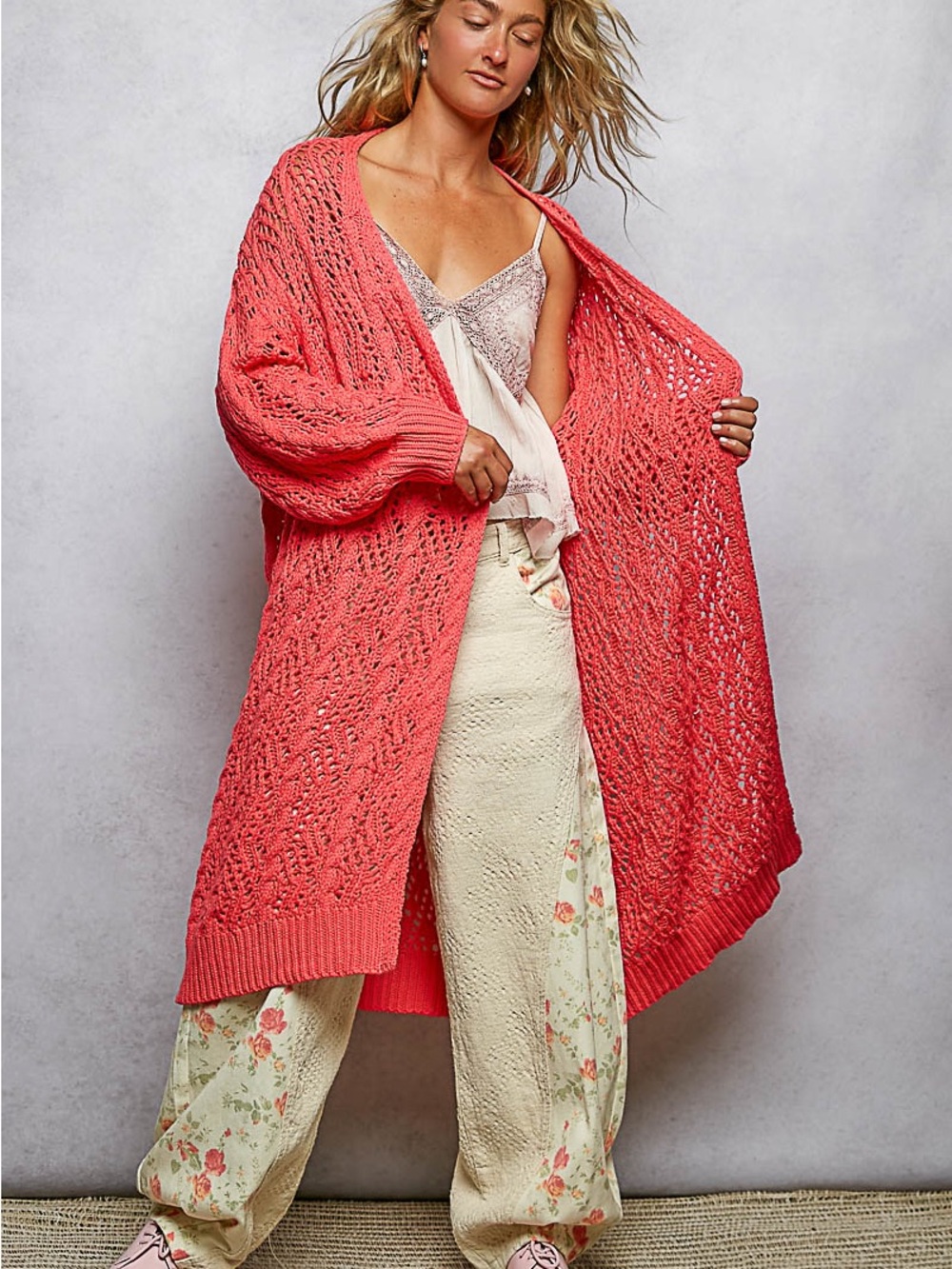 POL Open-Weave Coral Longline Cardigan